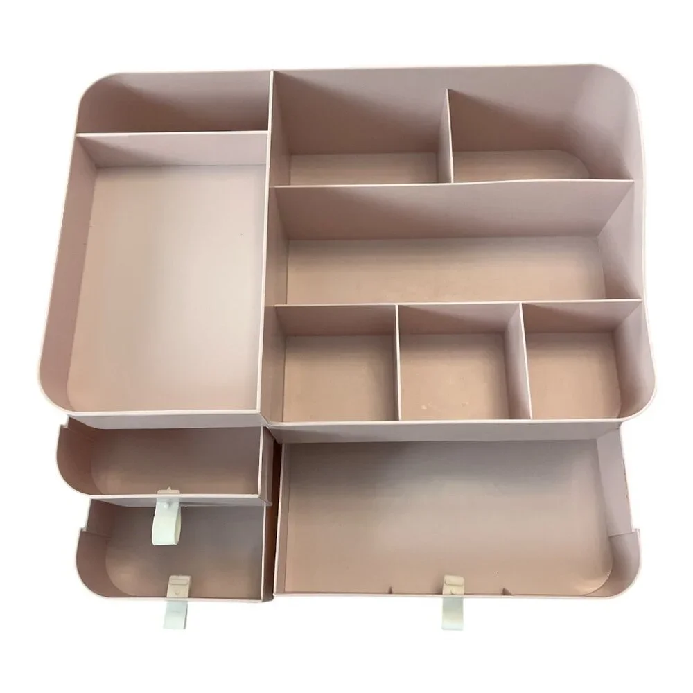 Multi-Compartment Desktop Organizer – Light Pink Plastic Storage Box with Drawer